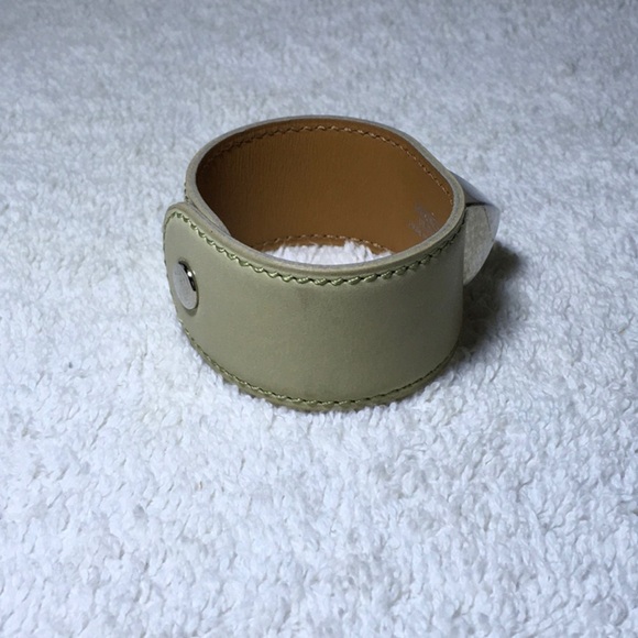 Hermès Lime Green Leather and Silvertone Pyramid Bracelet (7.5in) [In Box] - Picture 5 of 9